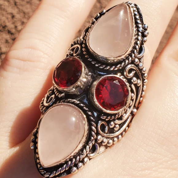 New Rose Quartz and Garnet 925 Silver Statement Ring. - Picture 15 of 15